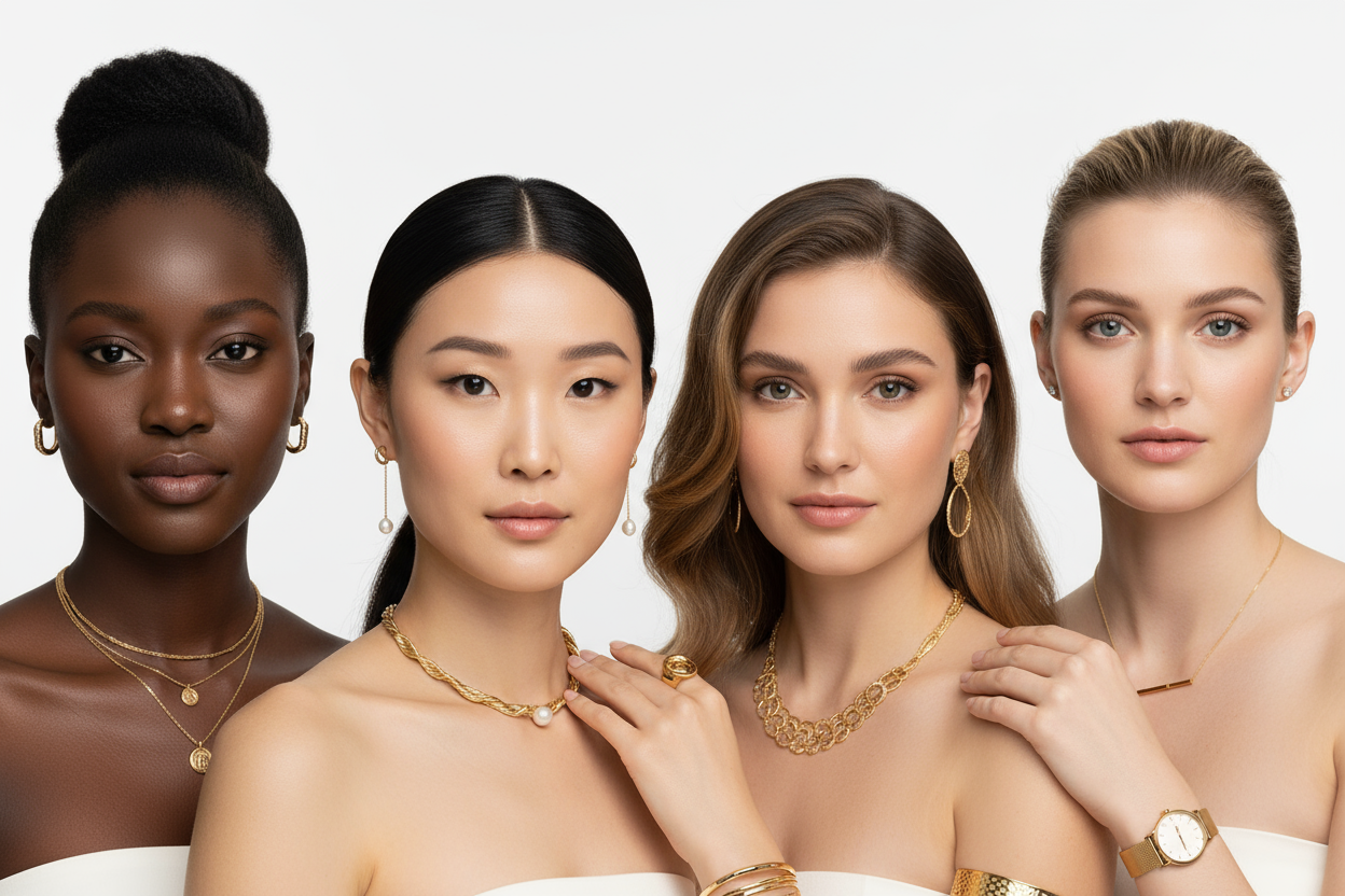 metti modelle di diverse etnie in sfondo bianco che indossano i miei gioielli 